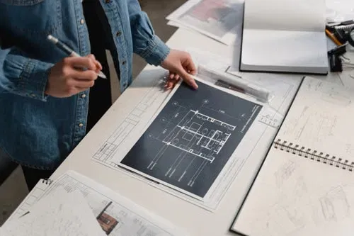 Blueprints and hand-drawn plans spread across a workshop desk