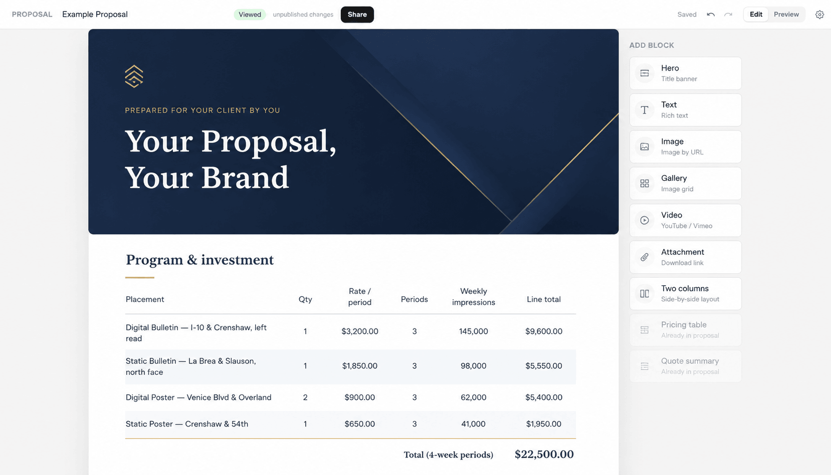 The Proposal Generator: a branded web-page proposal with content blocks, pricing summary, and an accept button